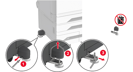 Der Knopf oben an der Schraube wird zuerst entfernt, gefolgt von der Halterung und anschließend der Nivellierschraube.