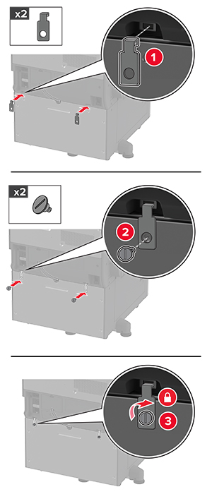 Metalbeslag monteres på bagsiden af printeren og fastgøres med skruer.