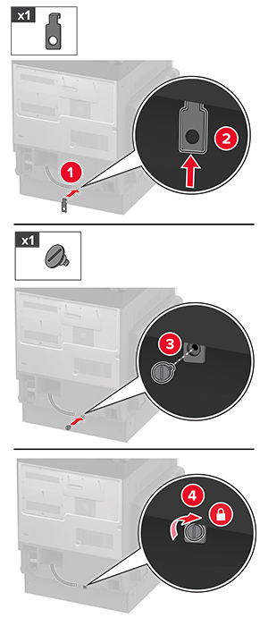 Et metalbeslag monteres på bagsiden af printeren og fastgøres med en skrue.