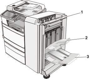 The illustration shows the finisher bins where the jammed paper can be located.