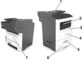 shows the parts of the printer where jammed paper can be accessed