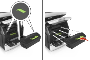 Insert the toner cartridge into the printer by aligning the side rails of the cartridge with the arrows on the side rails inside the printer.