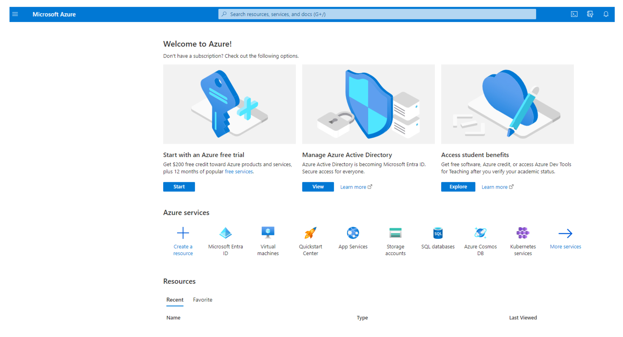 A screenshot showing the home page of the  Microsoft Azure portal.