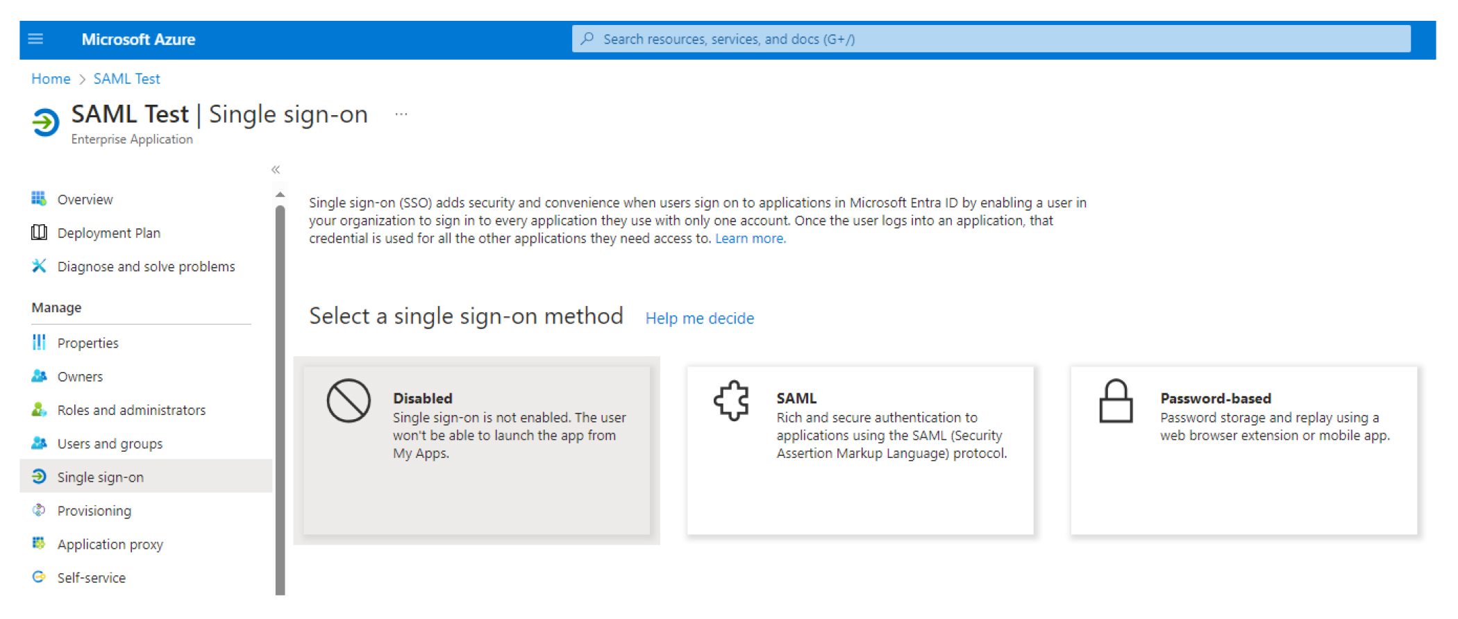 A screenshot showing the Single sign-on page.