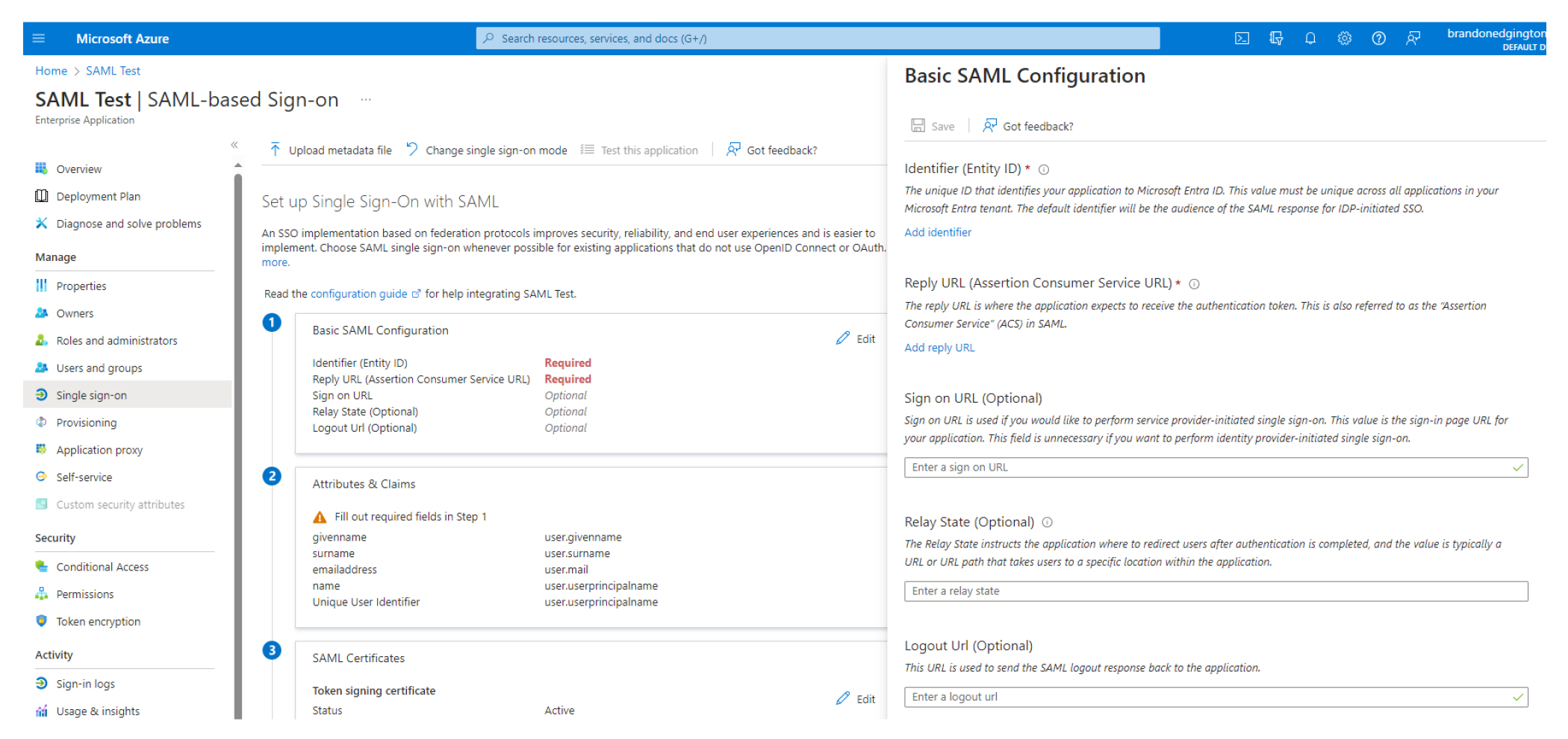 A screenshot showing the Basic SAML configuration window.