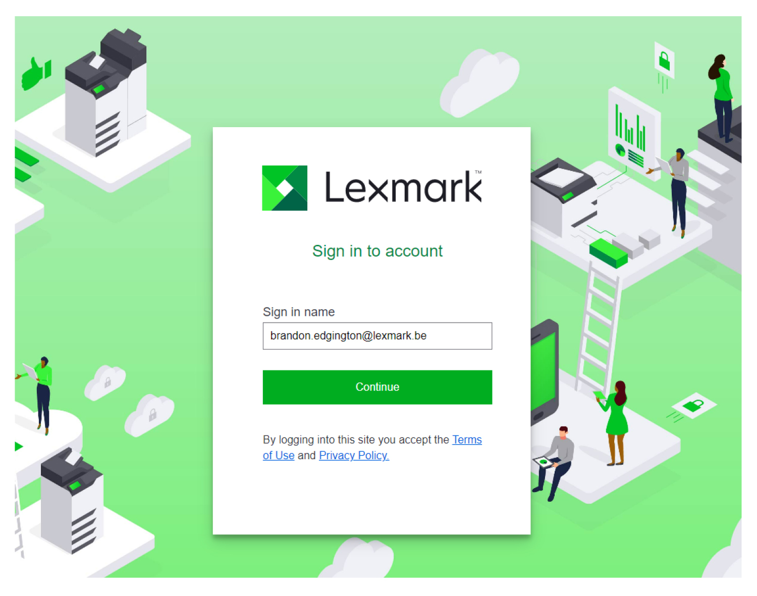 A screenshot of the Lexmark Cloud Services login page from the Azure perspective.