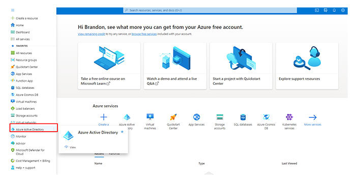 A screenshot of selecting Azure Active directory.