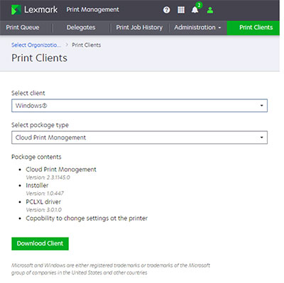 A screenshot of the Print Clients page.