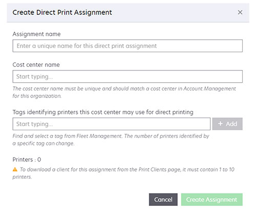 A screenshot of the Create Direct Print Assignment page.