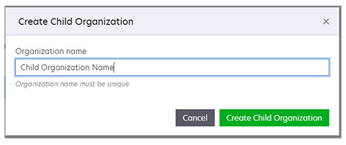 A screenshot showing Create Child Organization page.