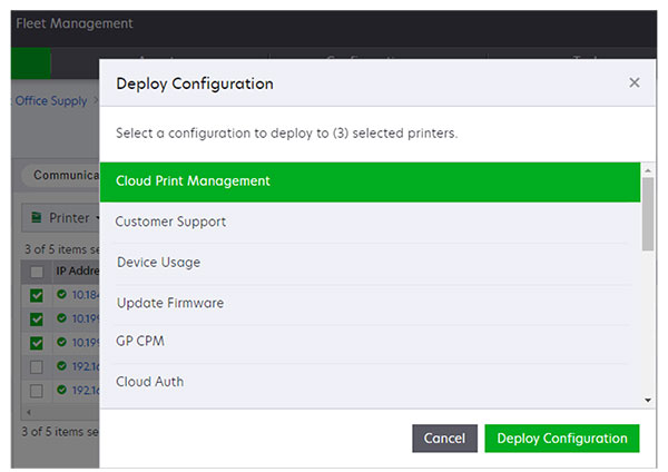 A screenshot of the Cloud Print Management option on the Deploy Configuration window.