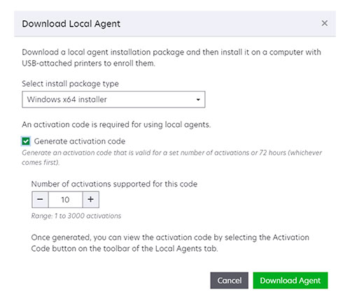 A screenshot of the Download Local Agent window with Generate activation code selected.
