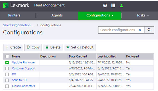 A screenshot of the Configurations page.