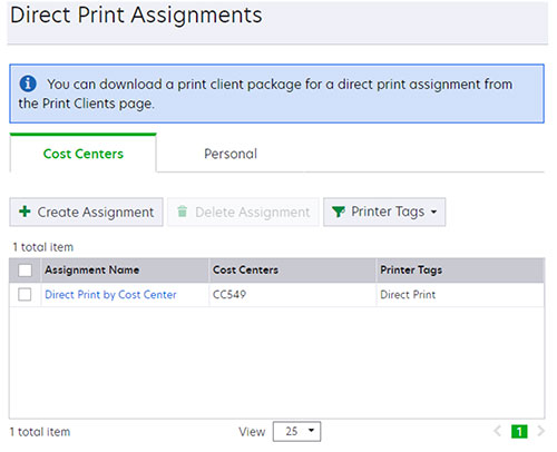 A screenshot of the Direct Print Assignments with existing assignments.