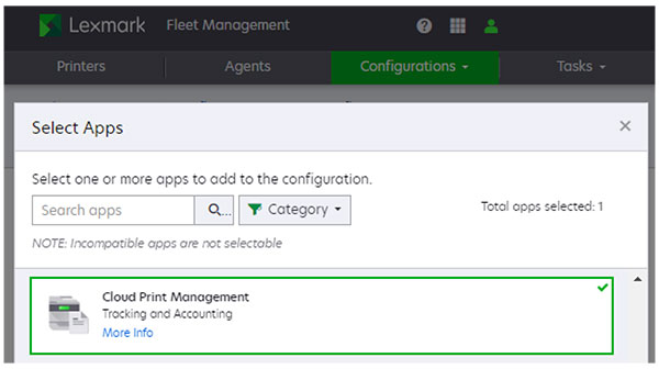 A screenshot of the Cloud Print Management option on the Select Apps page.