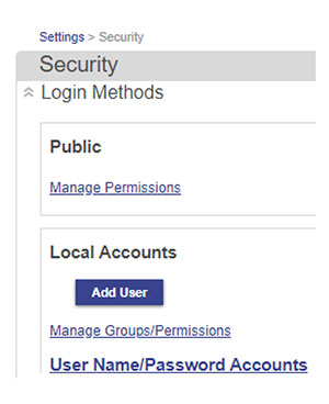 A screenshot of the Embedded Web Server with Local Accounts settings.
