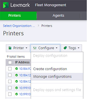 A screenshot of the Manage configurations menu.