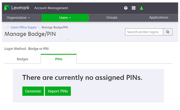 A screenshot with assigned PINs.