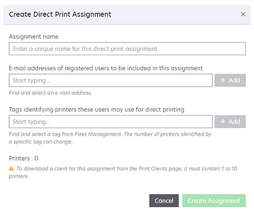 A screenshot of the Create Direct Print Assignment window.