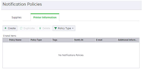 A screenshot of the Printer Information tab on the Notification Policies page.