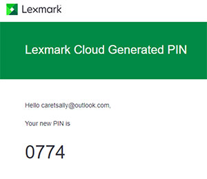 A screenshot of a Lexmark cloud generated PIN.