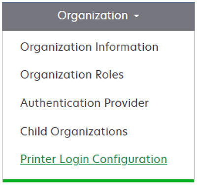 A screenshot of the Organization menu.