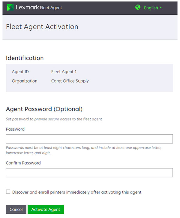 A screenshot of the Fleet Agent Activation page.