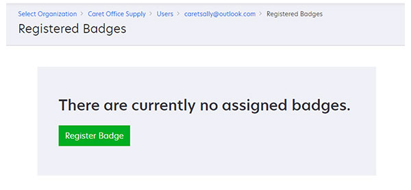 A screenshot showing the Registered Badges page with no existing registered badge