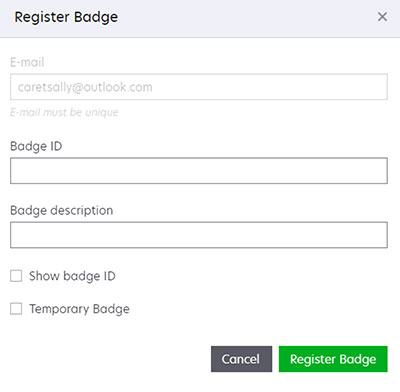 A screenshot showing the Register Badge page.