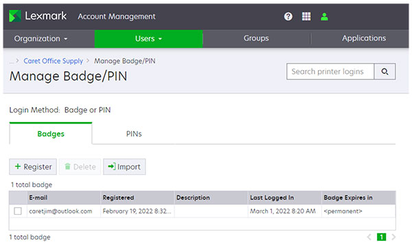 A screenshot showing the Manage Badge/PIN page.