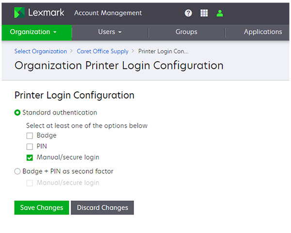 A screenshot of the Organization Printer Login Configuration page.