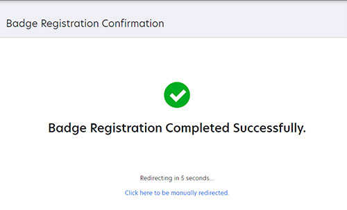 A screenshot showing badge registration completed successfully.