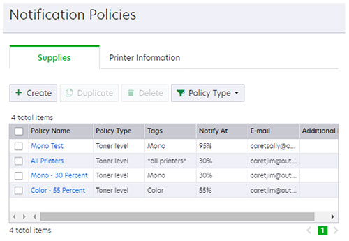 A screenshot of the Notification Policies page.