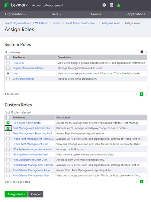 A screenshot of multiple Custom Roles selected.