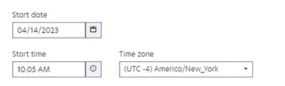 A screenshot of the start date and time and tine zone settings.
