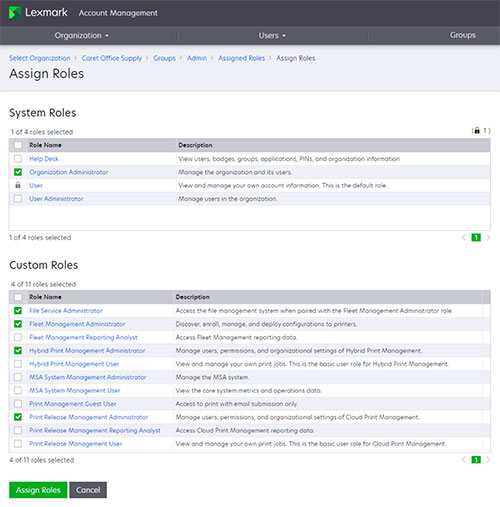 A screenshot showing some System Roles and Customer Roles selected.