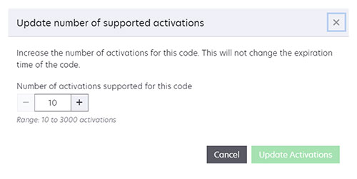A screenshot of the Update number of supported activations window.