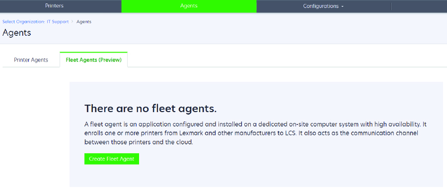 A screenshot showing how to create a fleet agent using the Agents tab of the Fleet Management web portal