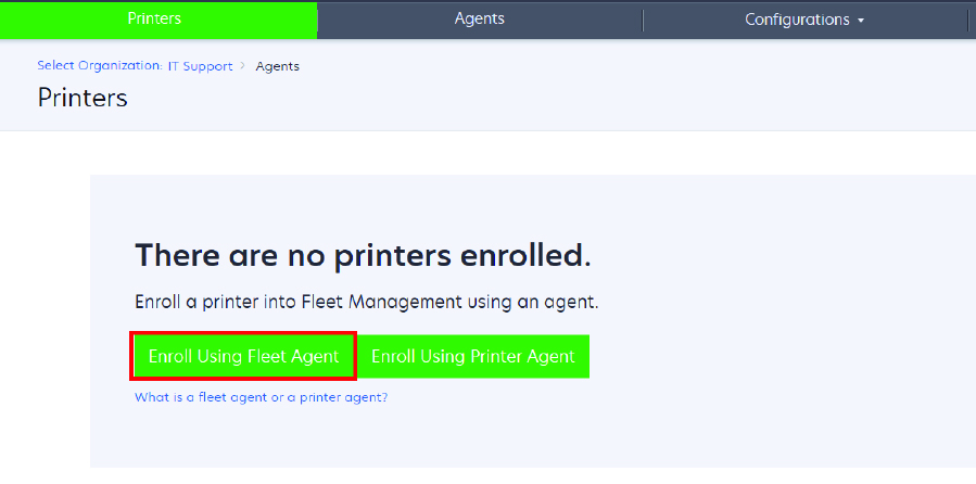A screenshot showing how to create a fleet agent when the printer listing page is empty