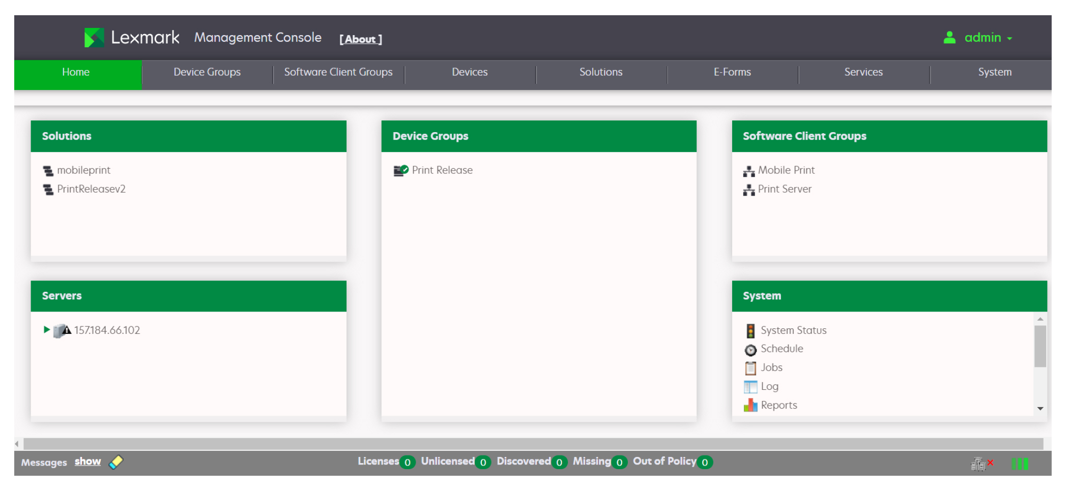 A screenshot of the Lexmark Management Console home screen.