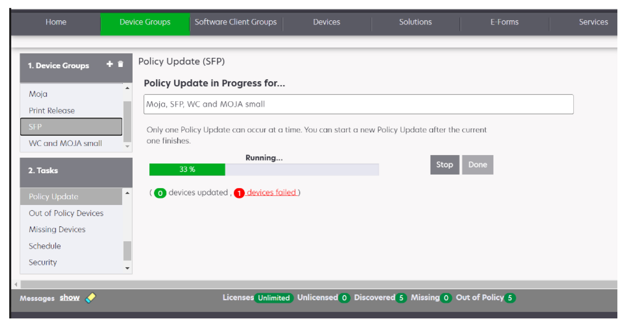 A screenshot showing the policy update of an SFP device.