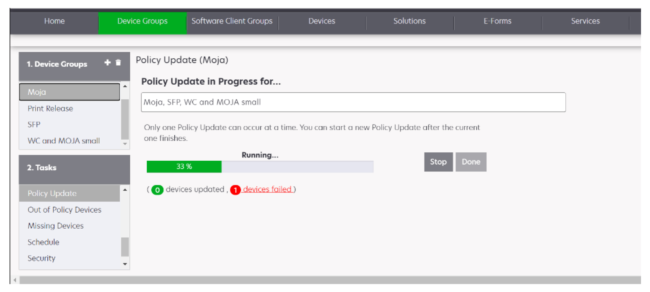 A screenshot showing the policy update of a Moja device.