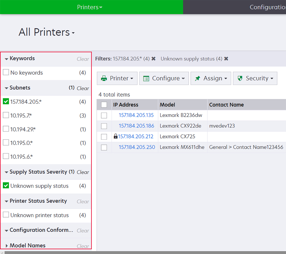 Ein Screenshot, der die Navigationsfilter links zeigt
