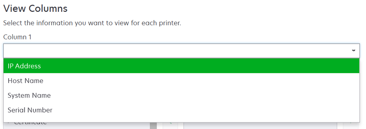 打印机标识符列选项的屏幕截图
