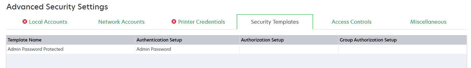 显示使用管理员密码本地帐户的安全模板的屏幕截图