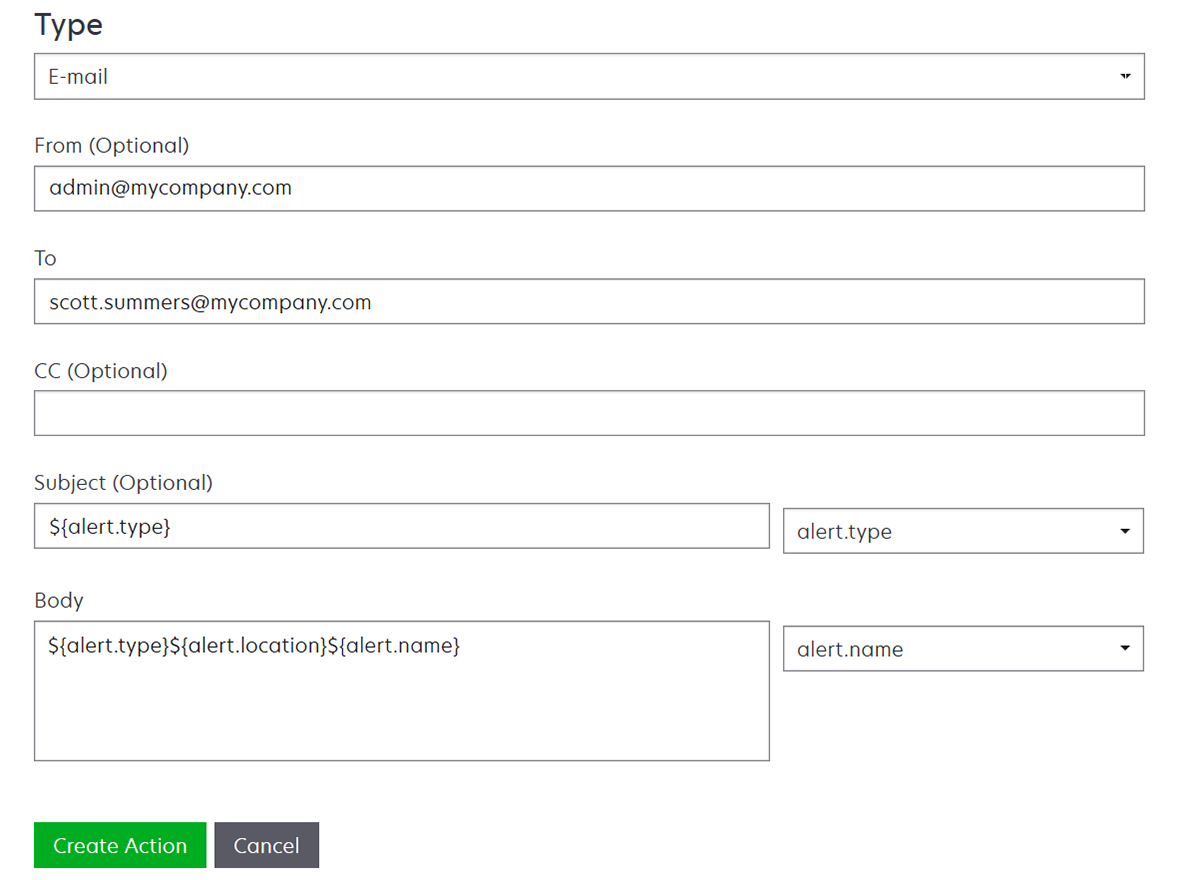 A screenshot of the settings in creating an e-mail action