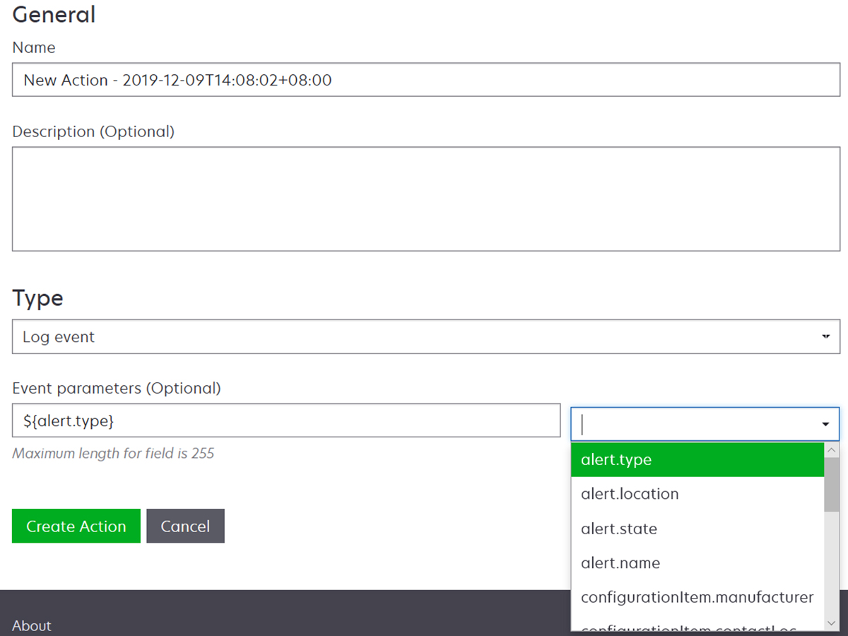 A screenshot of the settings in creating a log action
