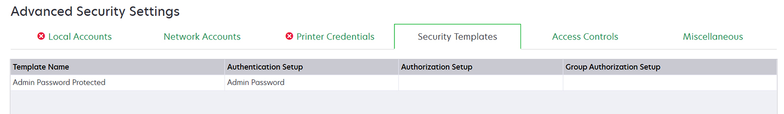 Capture d'écran présentant le modèle de sécurité utilisant le compte local Mot de passe Admin