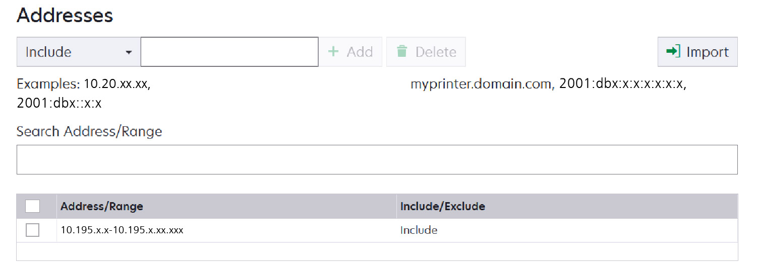 A screenshot showing how to add IP addresses for printer discovery.