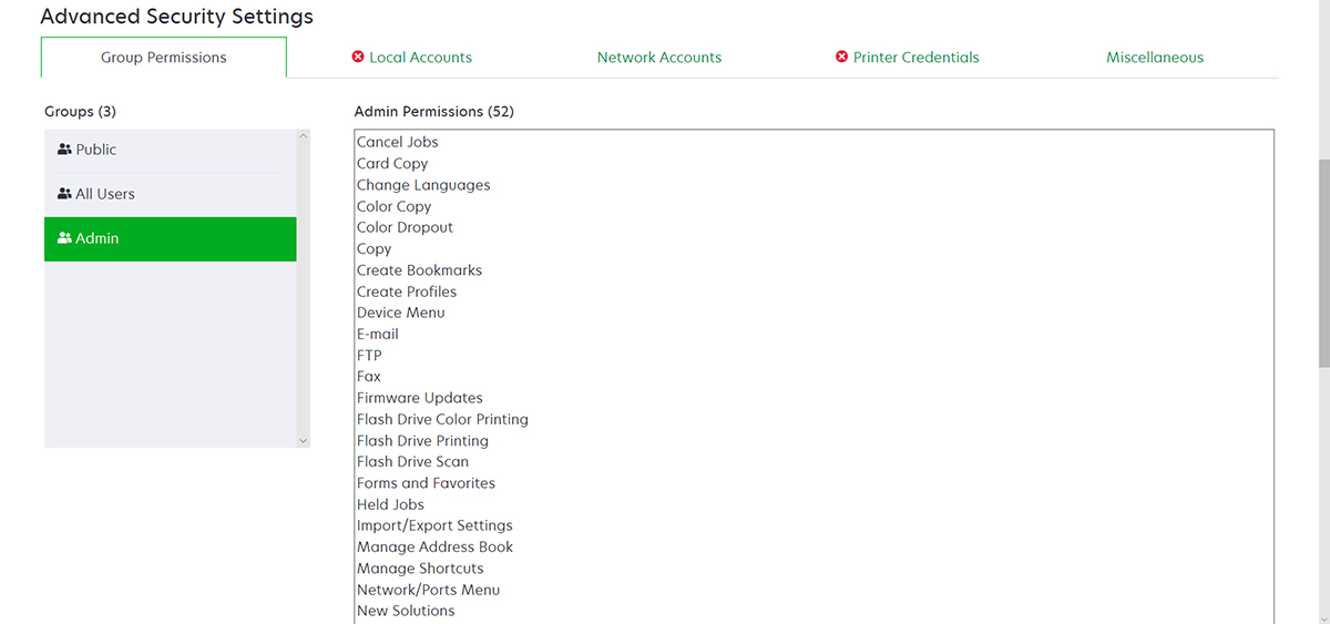 A screenshot showing the Admin Group Permissions in the simple account-based authentication component